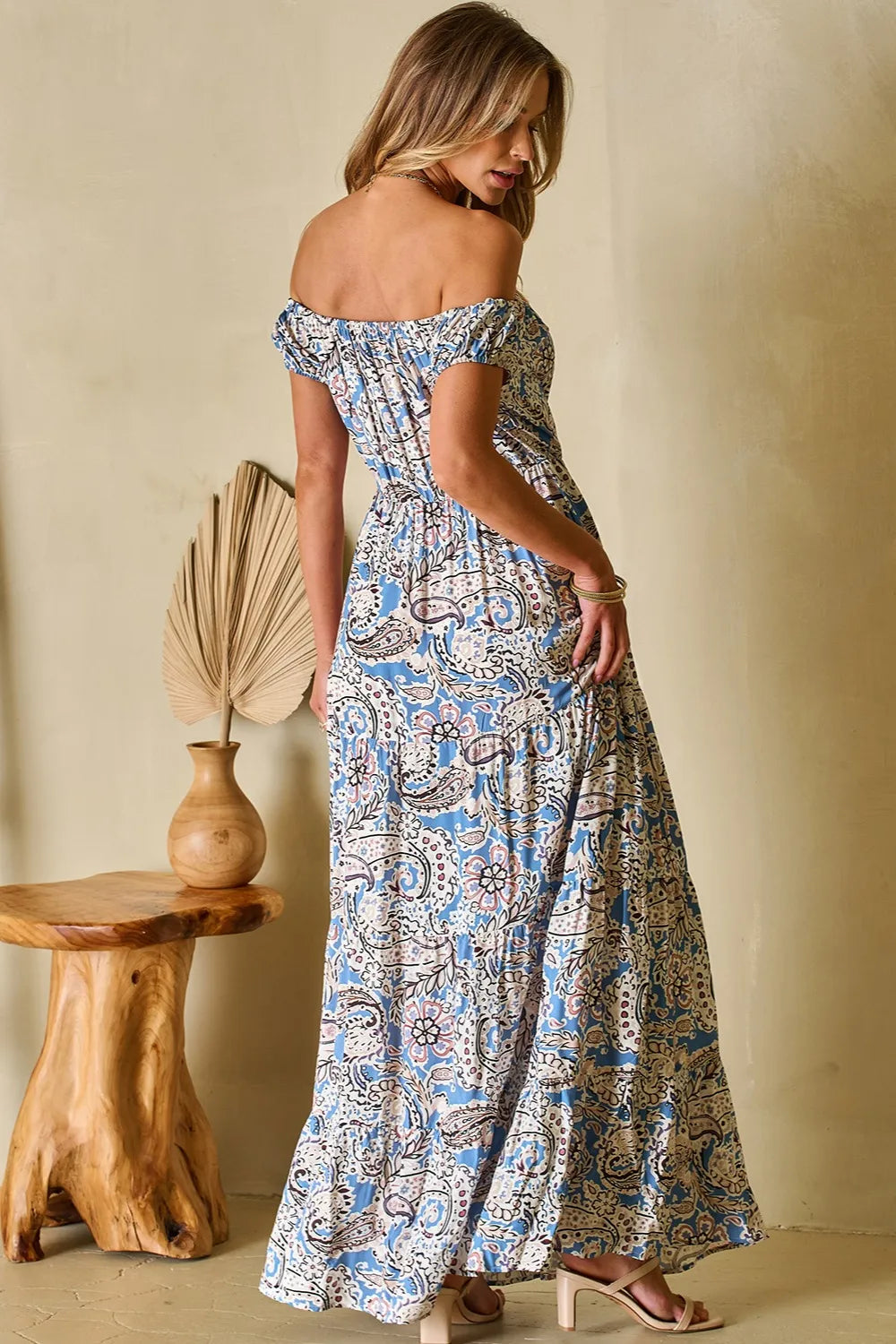 light blue printed off shoulder short sleeve maxi dress side view