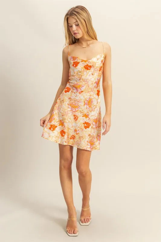 Floral Cowl Neck Flirty Satin Mini Dress detail