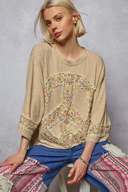 POL Floral Peace Patch Drop Shoulder T-Shirt Tan - Fashorio