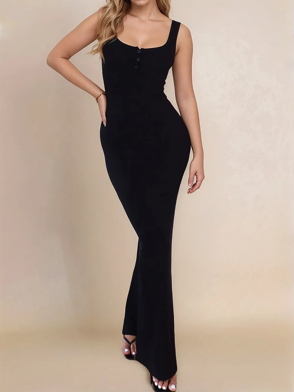 Side slit wide strap maxi dress front view