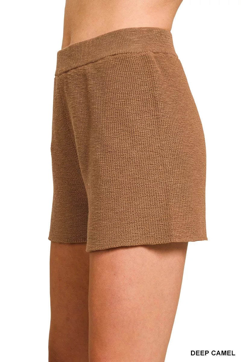 Round Neck Sweater Top and Shorts Set in Camel on model