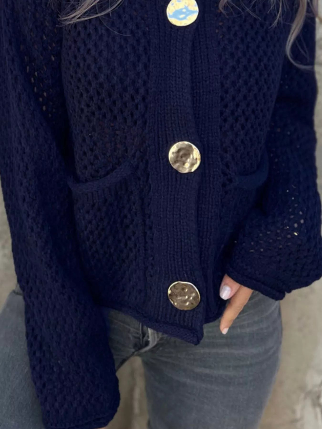 Crochet Button Up Long Sleeve Cardigan - Fashorio