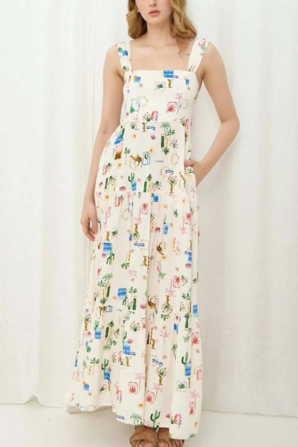Printed Square Neck Wide Strap Maxi Dress front view