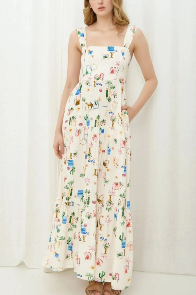 Printed Square Neck Wide Strap Maxi Dress front view