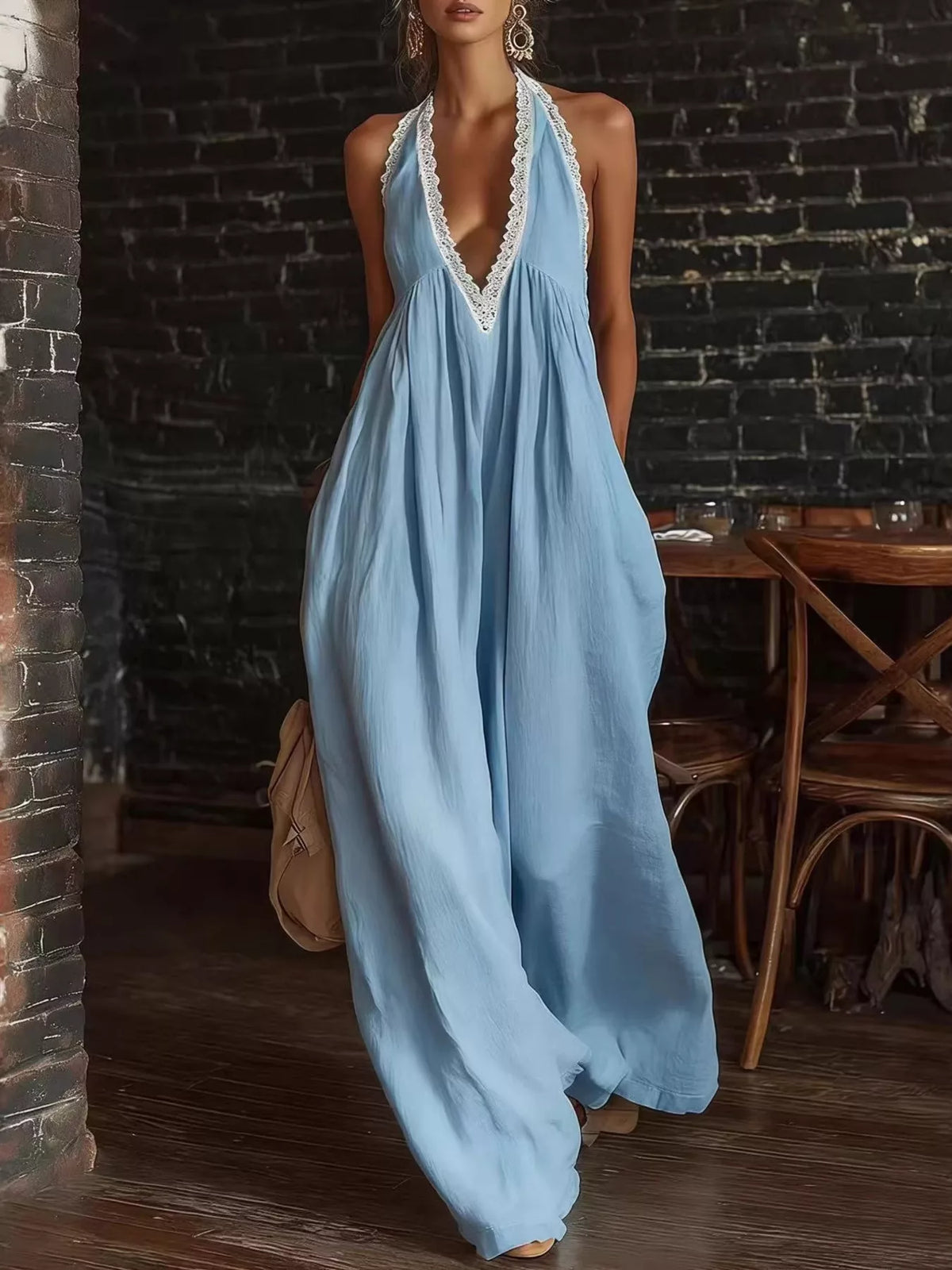 Lace trim wide leg jumpsuit side view