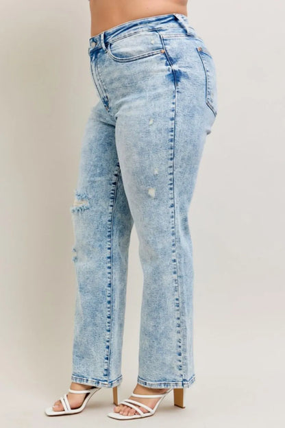 Judy Blue Full Size Hw Mineral Wash Destroy 90's Straight Jeans Plus Size - Fashorio