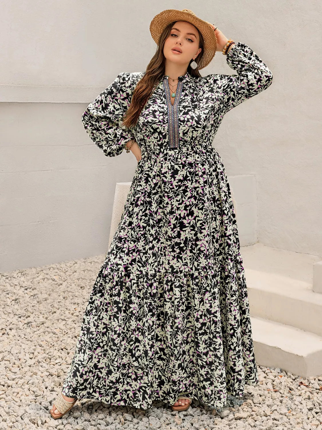 Plus Size Floral Long Sleeve Tiered Maxi Dress, skirt and hem detail