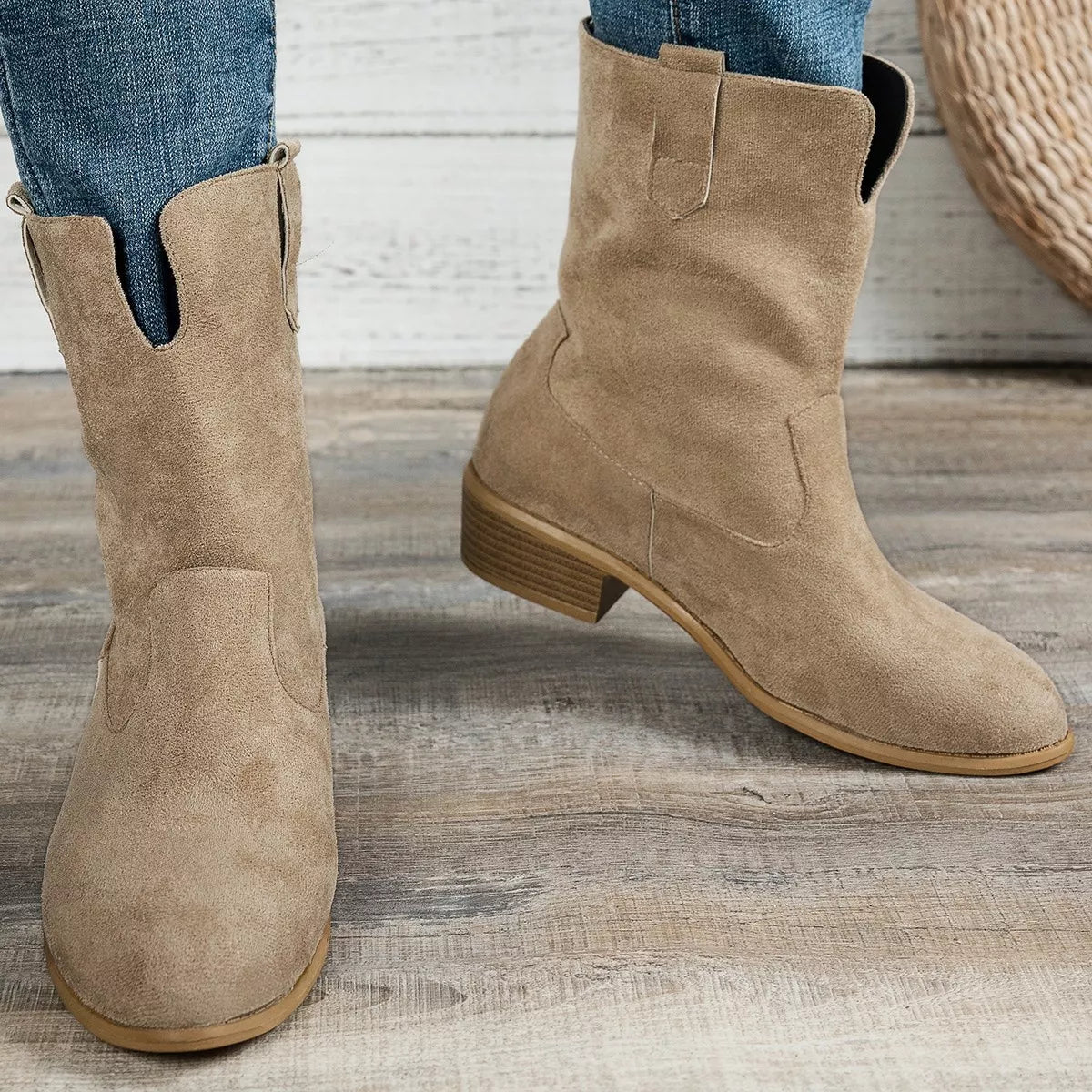 Suede Block Heel Western Boots upper detail