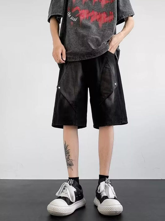 Men's Plus Size Wash Denim Shorts with Pockets Black - Fashorio
