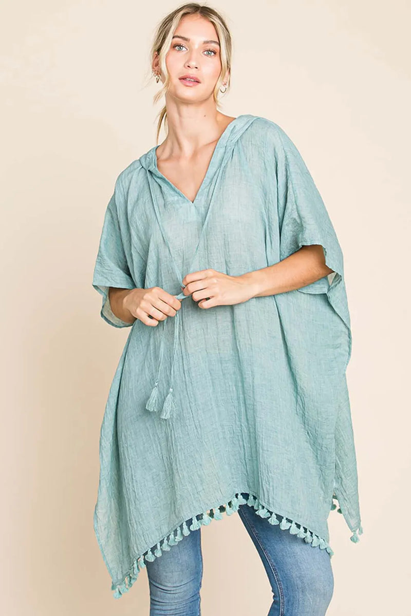 Tassel hem hooded cover up front view