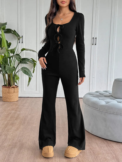 Tie Front Long Sleeve Flare Jumpsuit Black - Fashorio