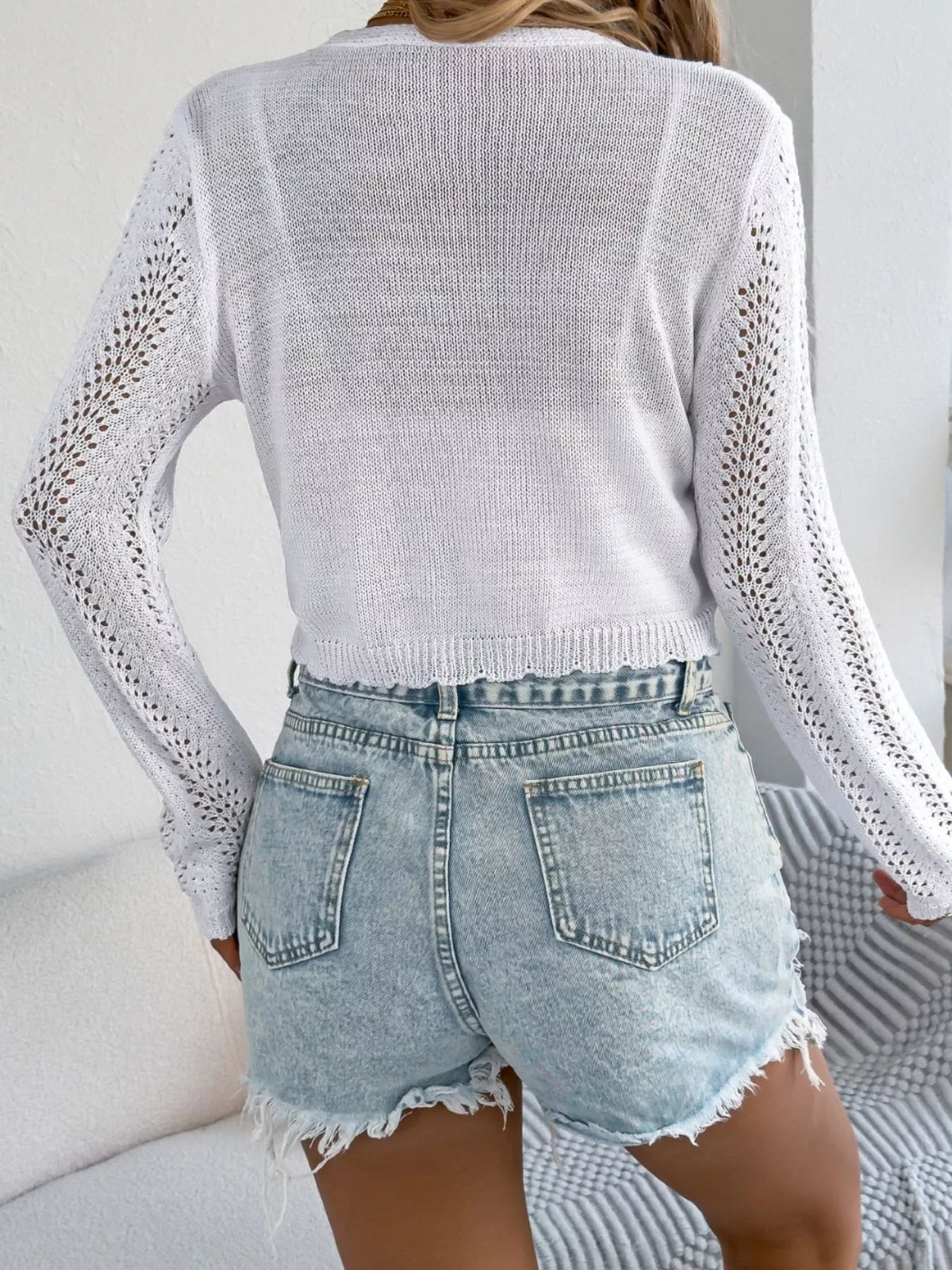 Crochet Knit Tie Front Cropped Cardigan, view 11
