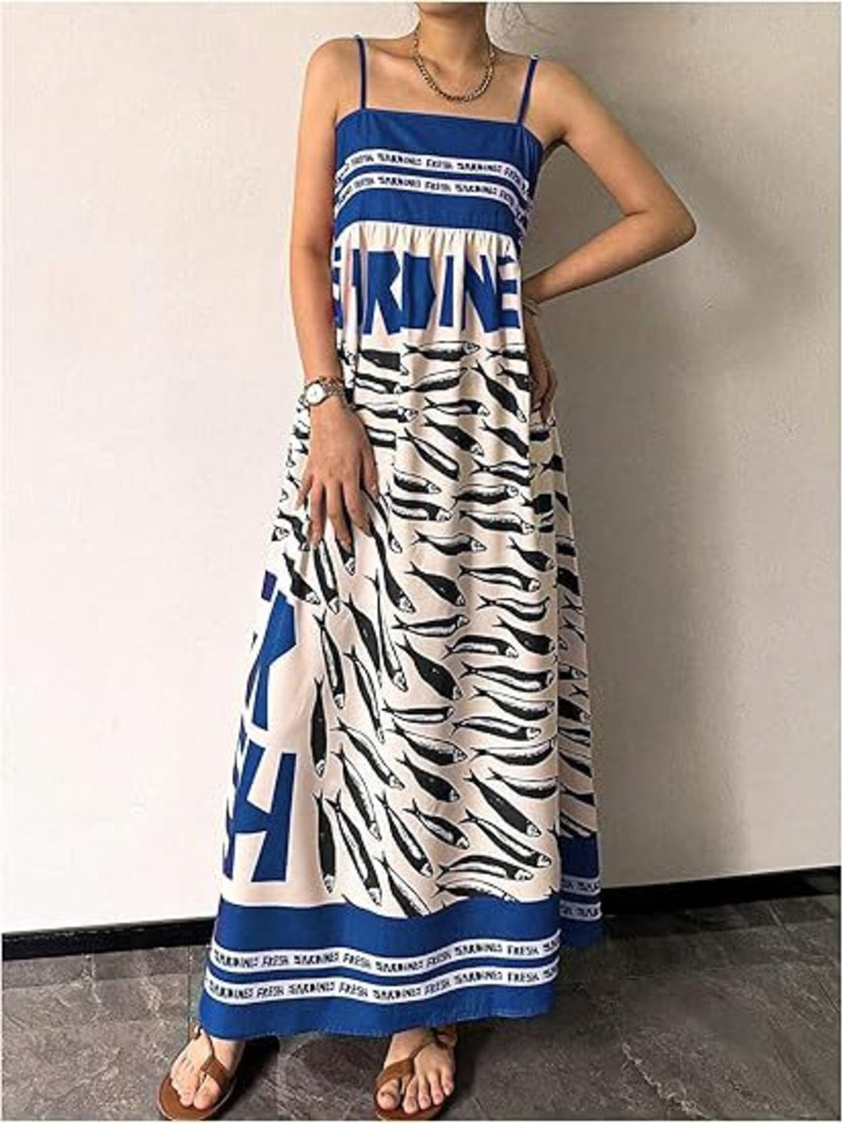 Sardine print spaghetti strap maxi dress back view