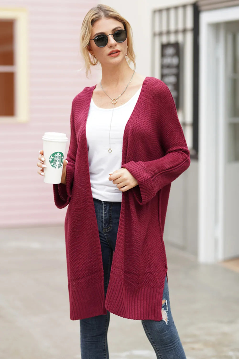 Open Front Long Sleeve Cardigan Burgundy - Fashorio