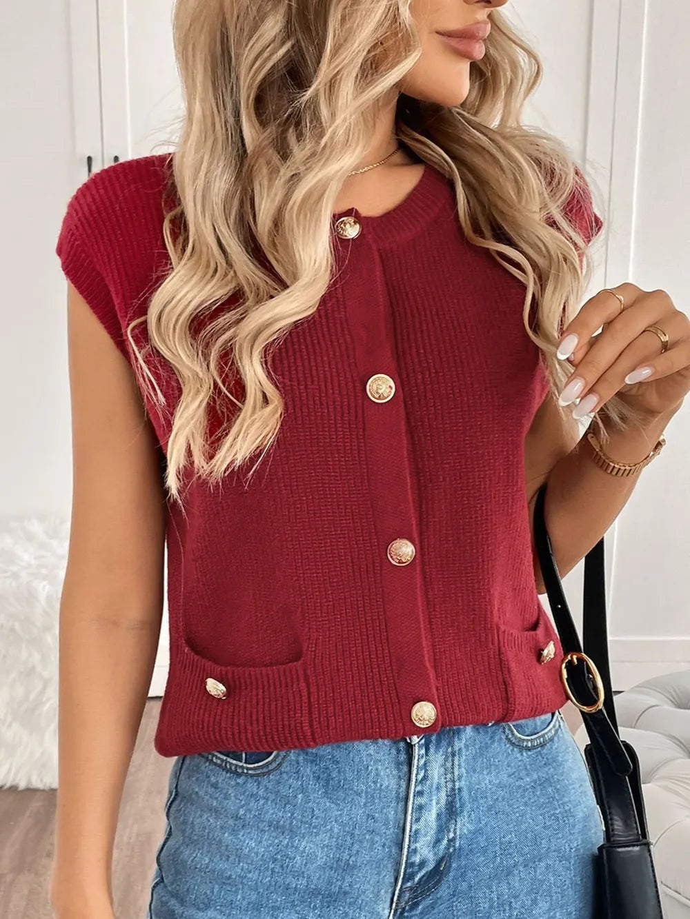 Perfee Pocketed Round Neck Cap Sleeve Cardigan - Fashorio