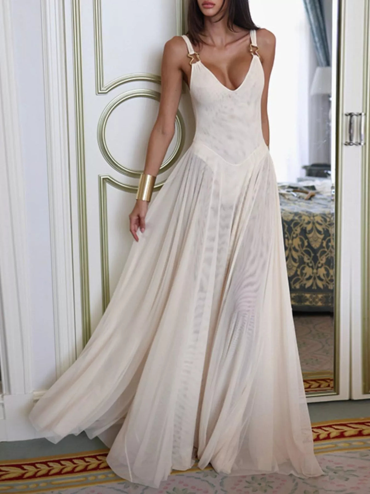 Sheer pleated sleeveless maxi dress front view