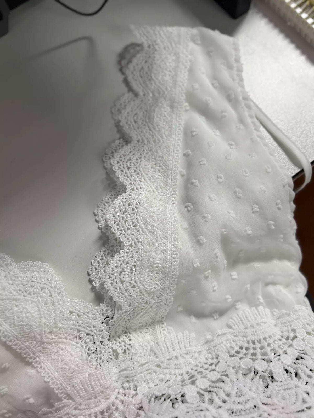 white swiss dot lace sleeveless tied maxi dress full length view