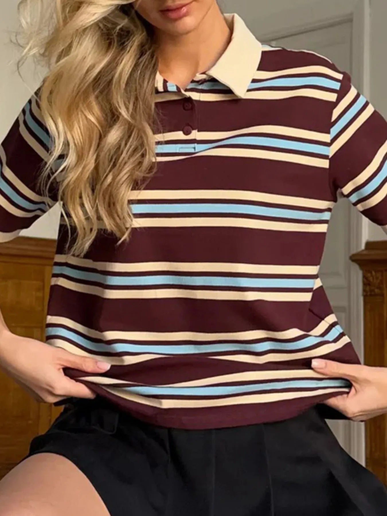 Striped Polo T-Shirt with Contrast Collar - Fashorio