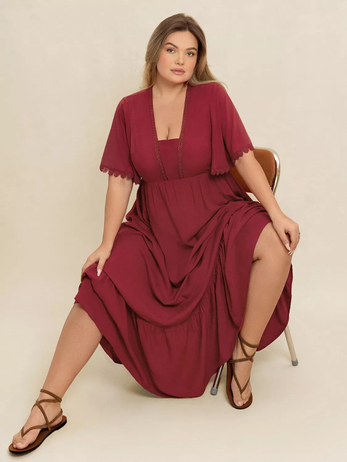 Lace Detail Flutter Sleeve Maxi Dress Plus Size close up view