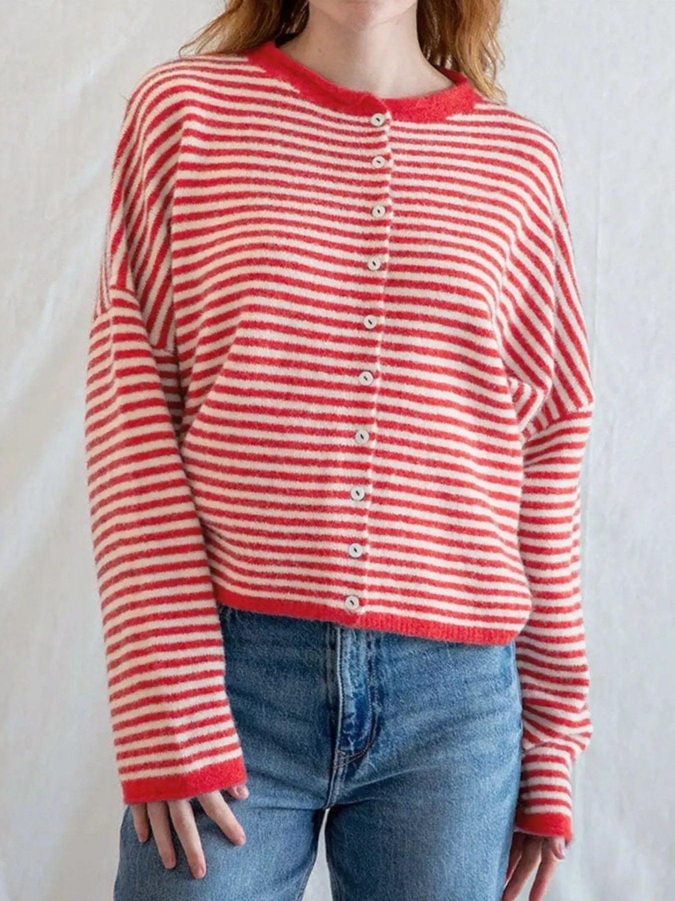 Striped Button Front Long Sleeve Cardigan - Fashorio