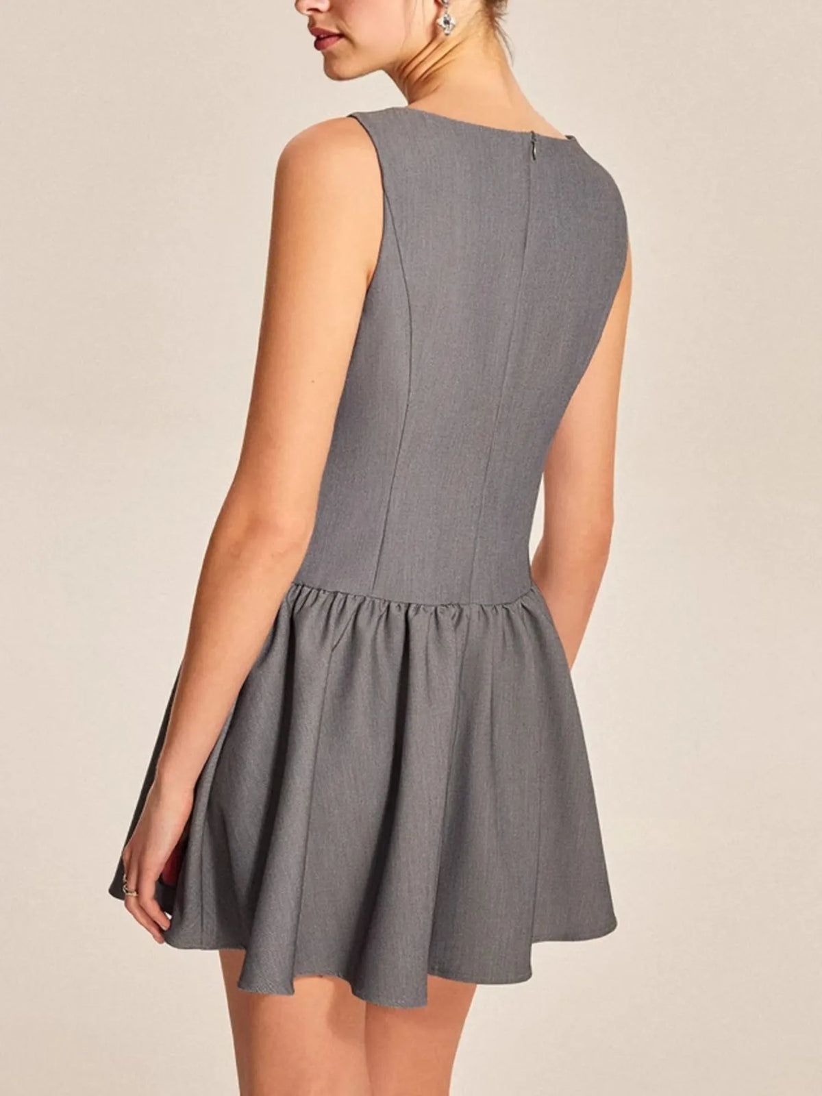 Round neck sleeveless ruffled mini dress side view