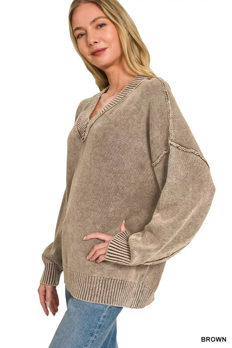 Deep V neckline detail on brown knit sweater