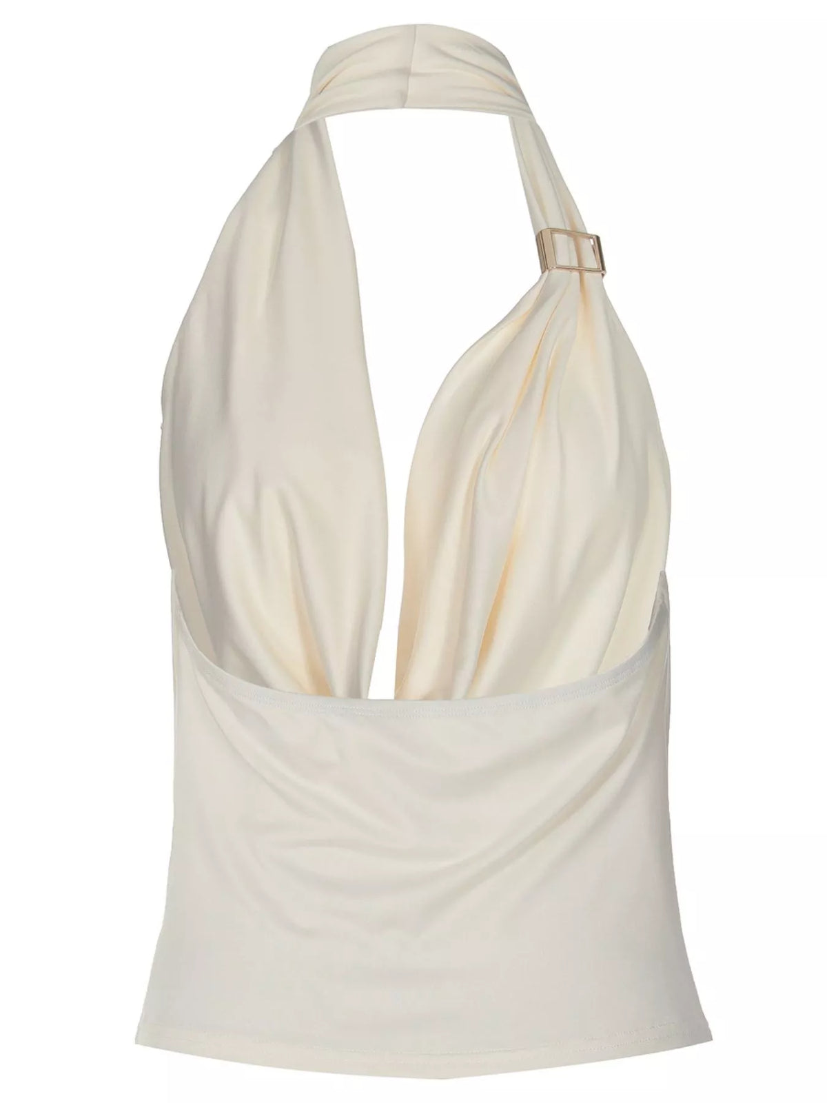 Sable halter neck ruched tank top in black, front view