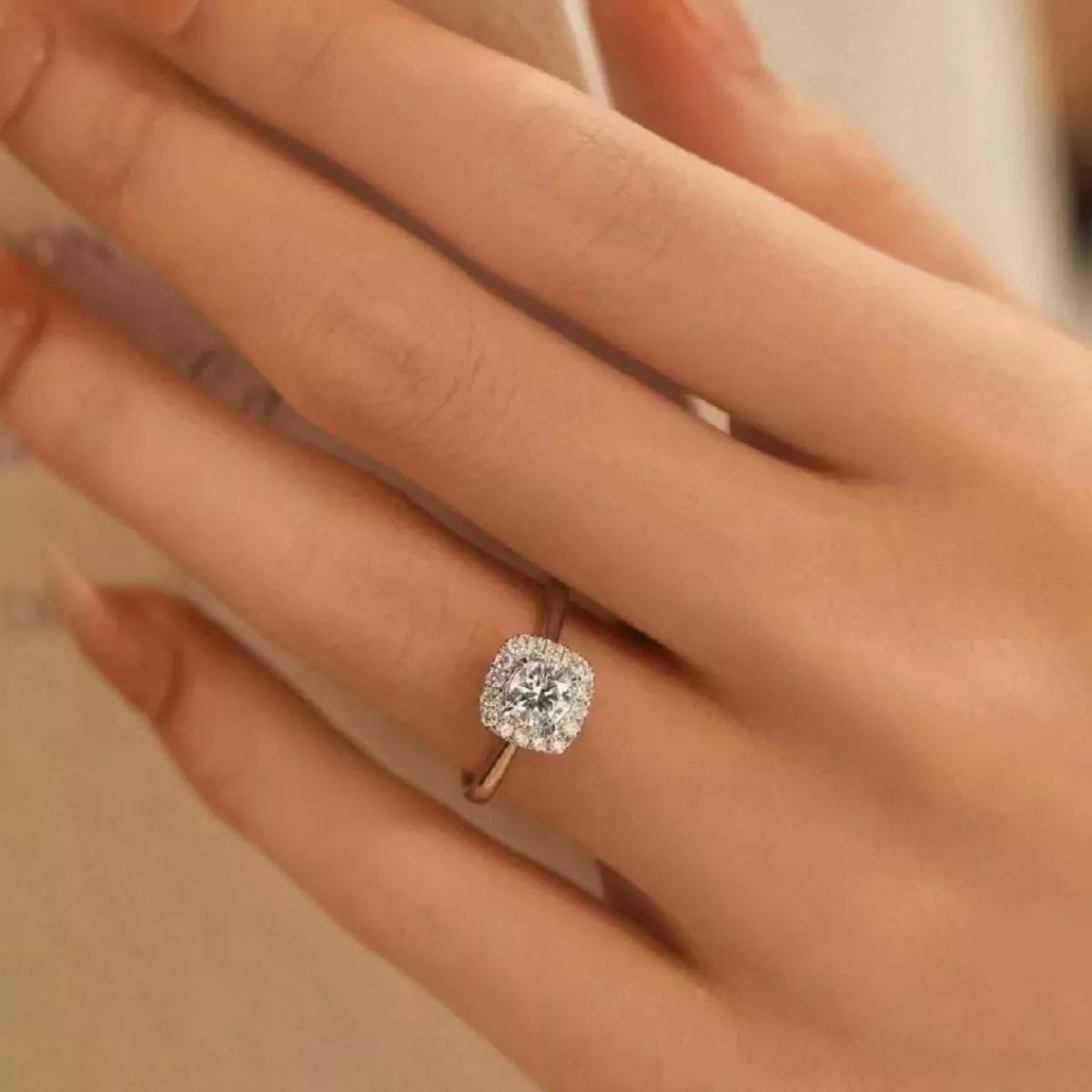 Adjustable band detail on a sterling silver moissanite ring