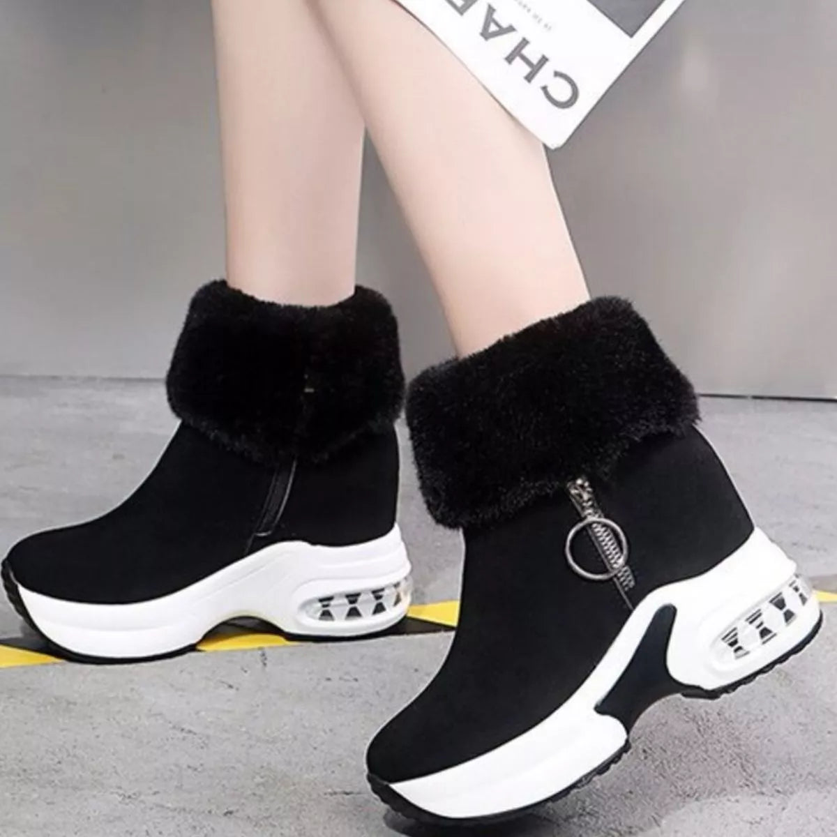 Fuzzy platform ankle boots back view