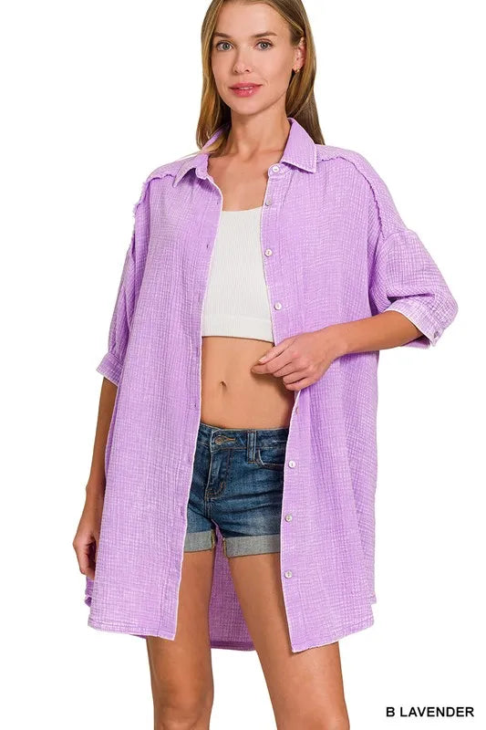 Washed Double Gauze Button Down Shirt Dress in Lavender on model