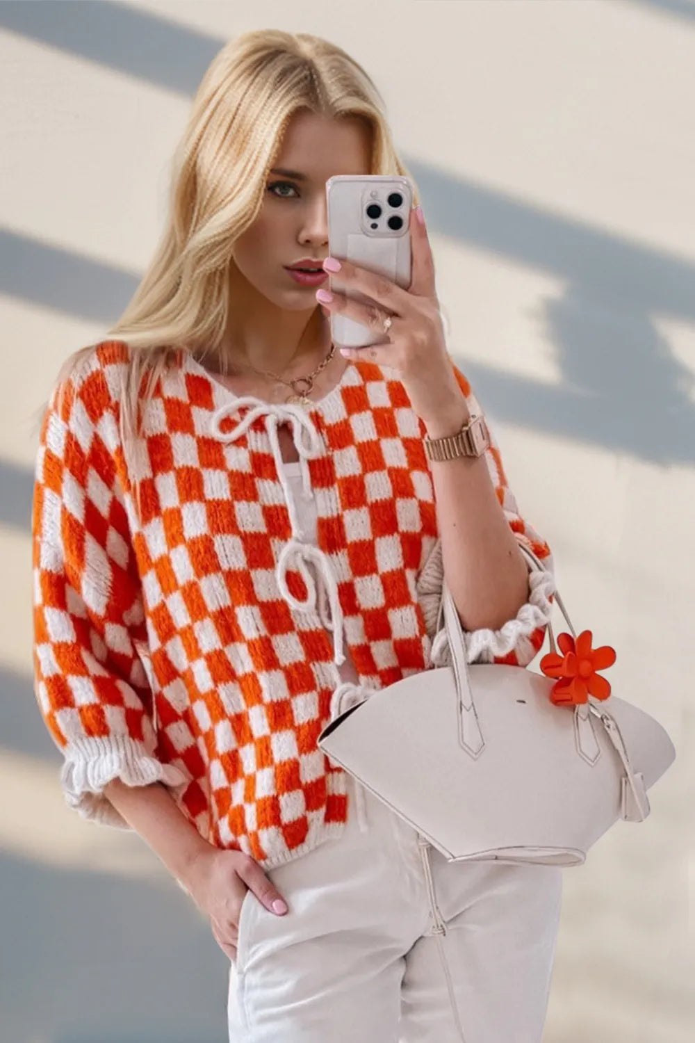 Double Take Tied Checkered Dropped Shoulder Flounce Sleeve Cardigan Orange-Red - Fashorio