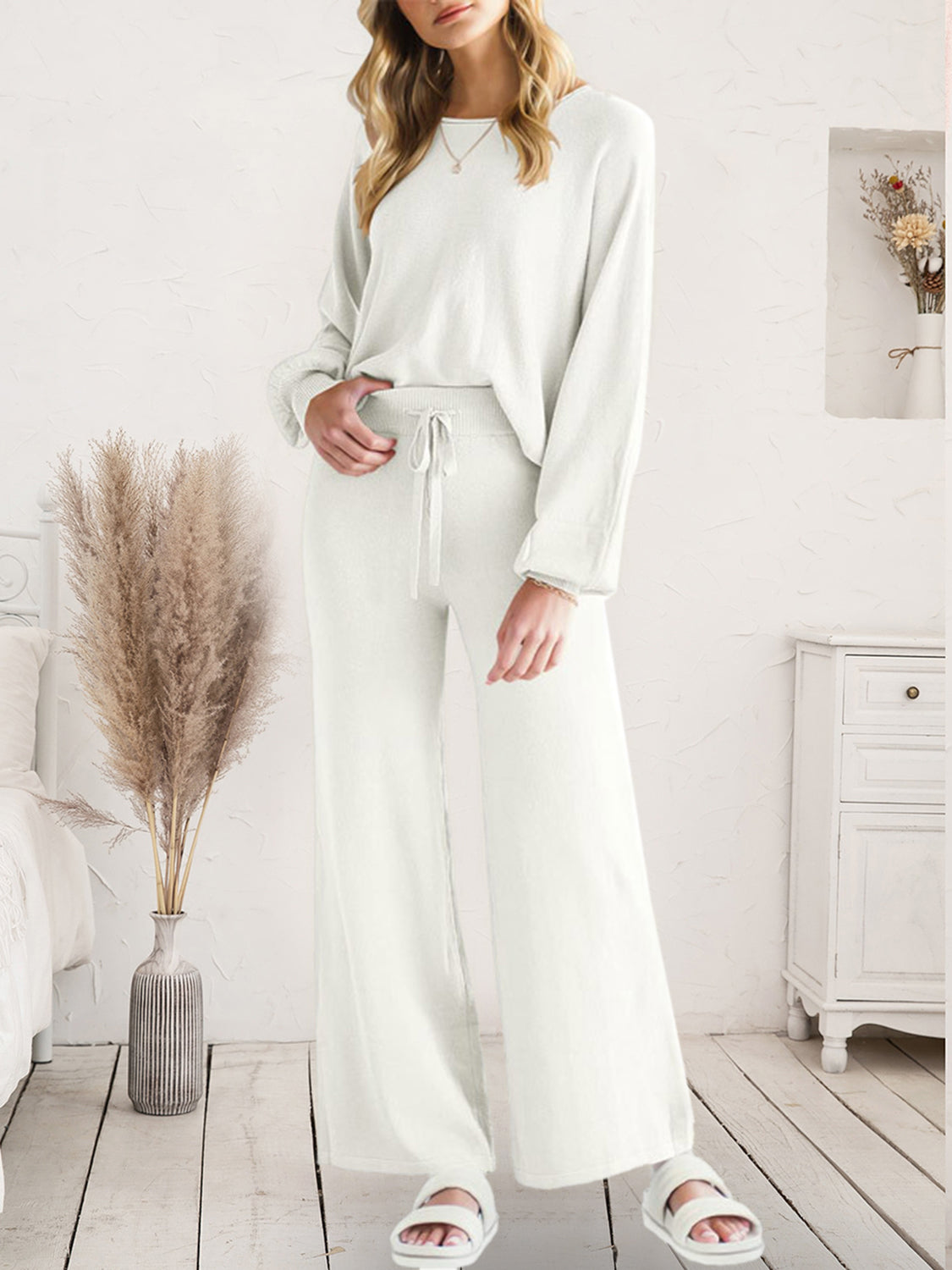 Long Sleeve Lounge Top and Drawstring Pants Set White - Fashorio