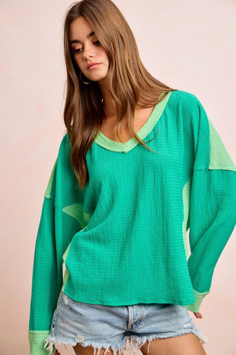 BiBi emerald and light green color block textured top close up view
