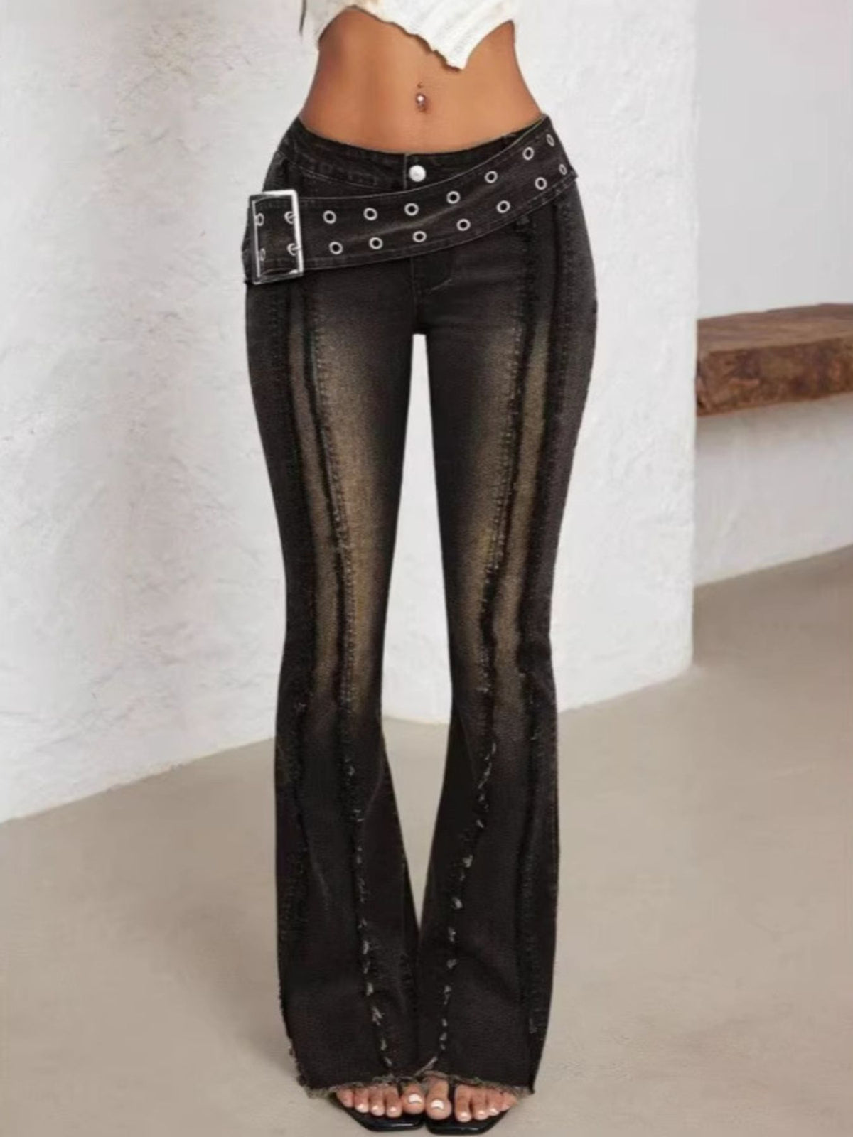 Belted high waist black flare jeans front view