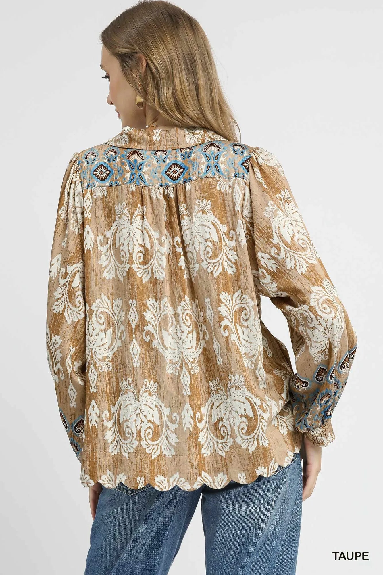 Umgee Floral Boho Blouse with Scalloped Hem - Fashorio