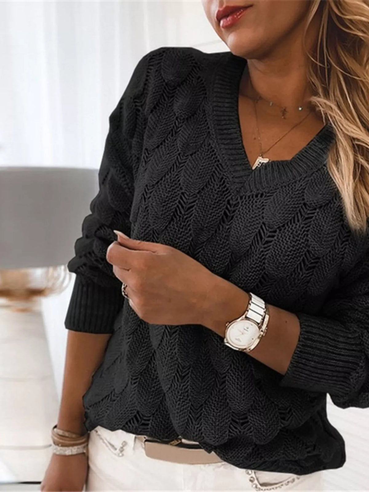 v neck knitted sweater close view
