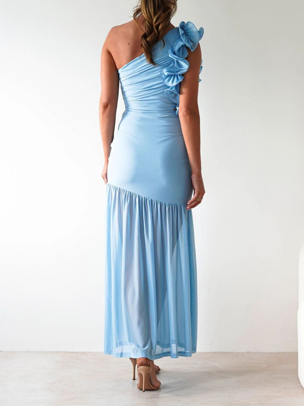 one shoulder ruffle trim maxi dress shoulder detail