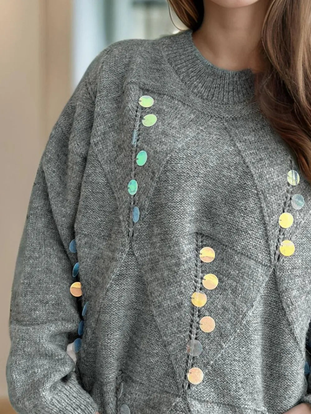 Sequin Mock Neck Long Sleeve Sweater styled look