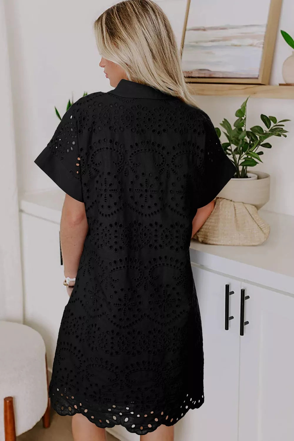 Black eyelet trim short sleeve dress side view