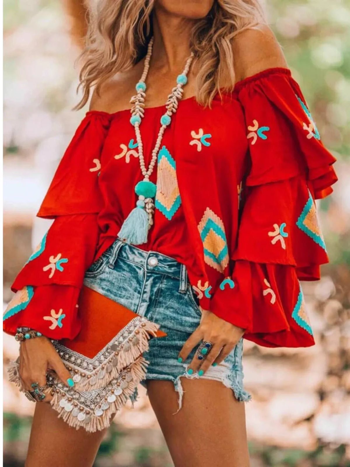 Red off shoulder ruffled sleeve blouse front view