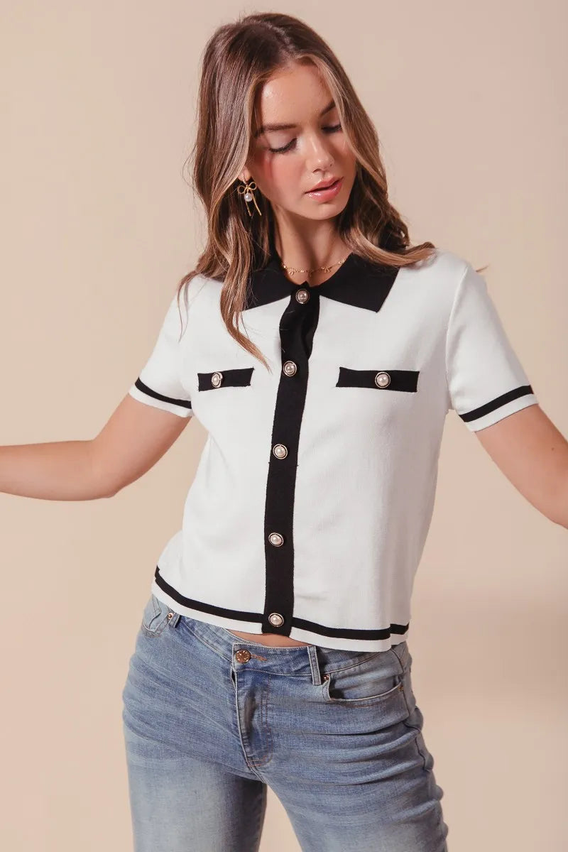 SO ME Button Down Knitted Sweater Shirt Top - Fashorio