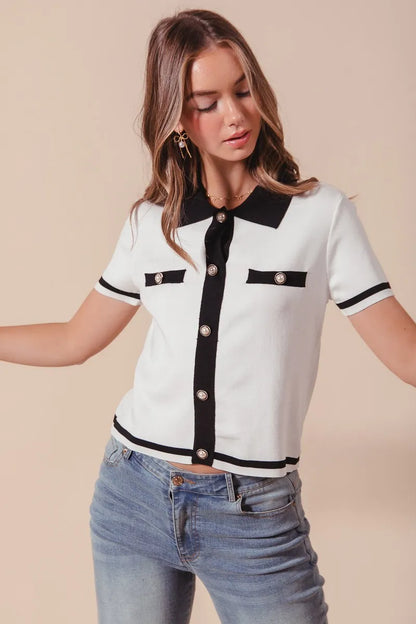 SO ME Button Down Knitted Sweater Shirt Top - Fashorio