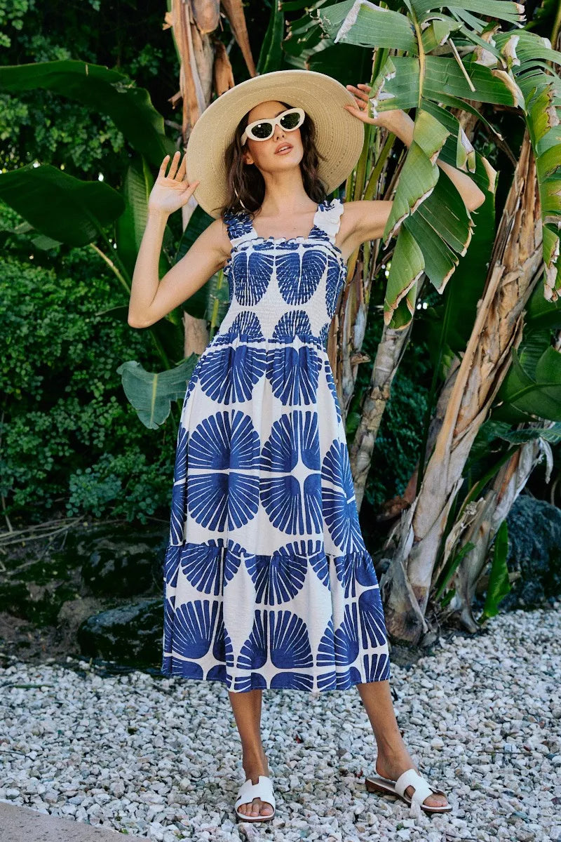 Navy abstract print smocked bodice tiered midi dress front view