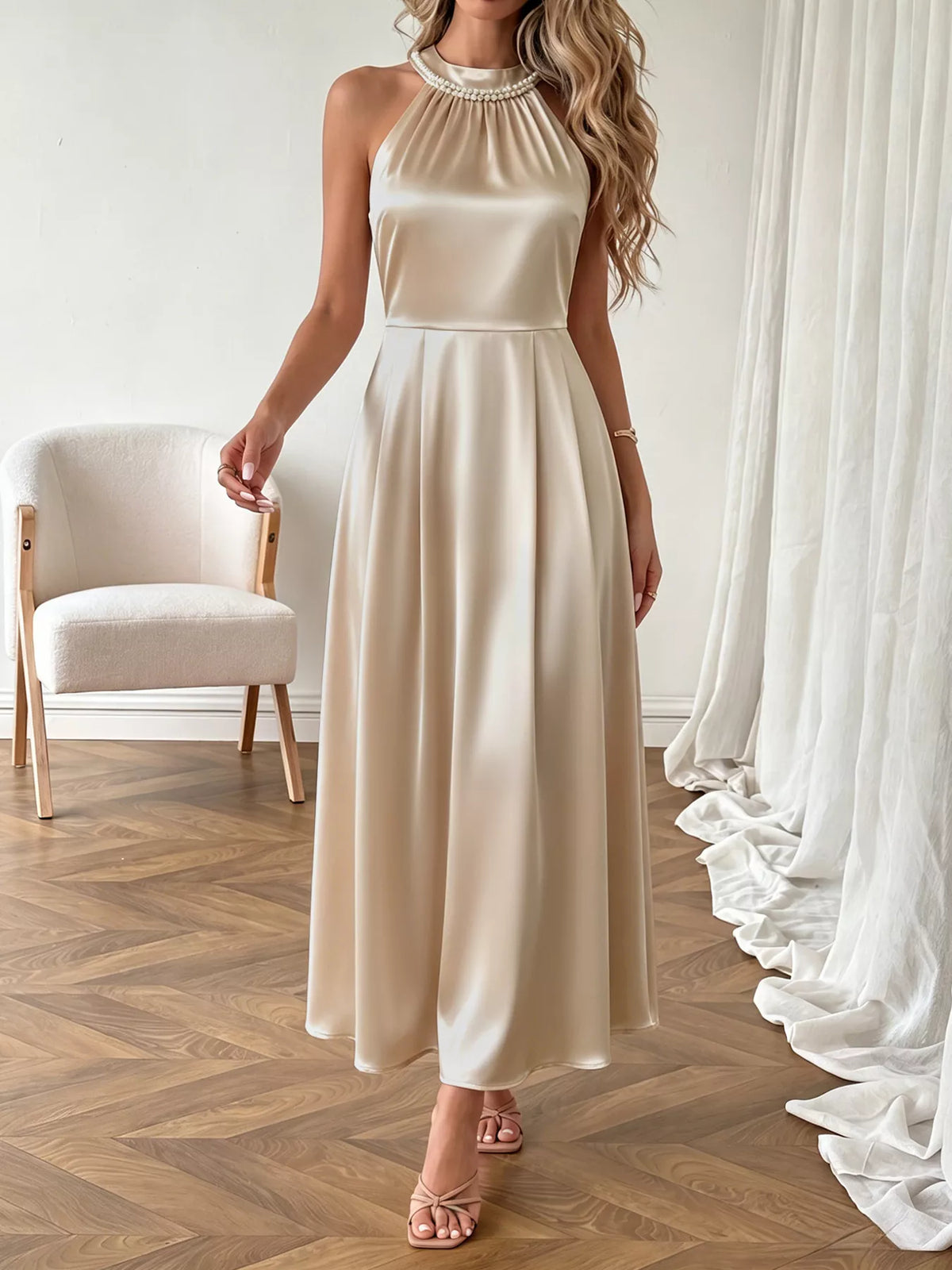 Pearl Halter Satin Midi Dress detail view