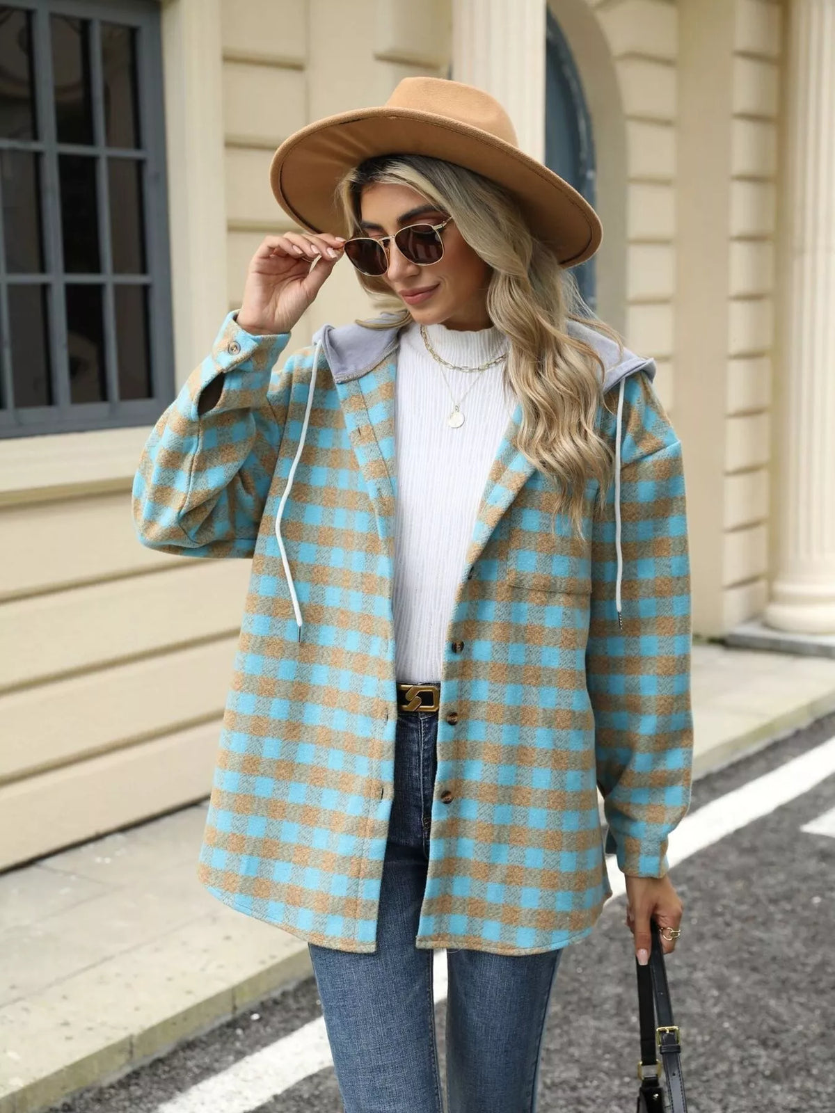 Plaid Hooded Drawstring Jacket in Black view 8