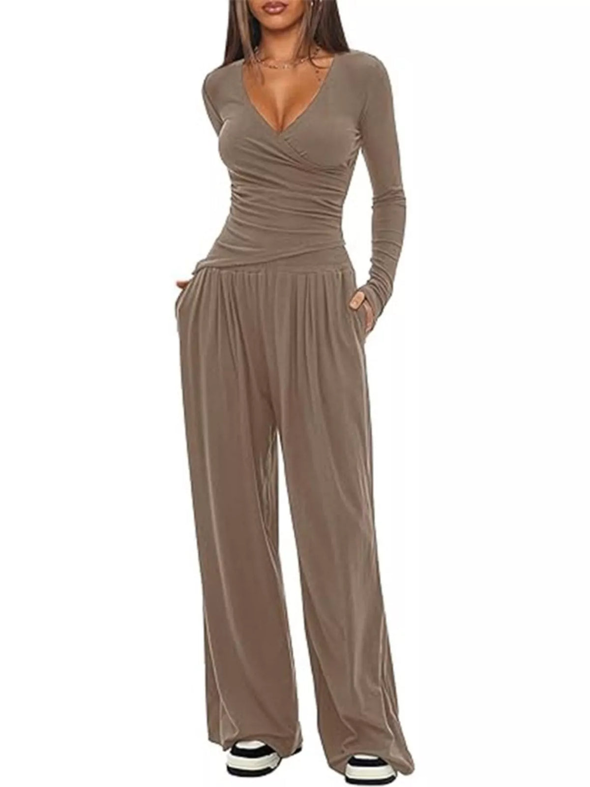 Coordinated long sleeve top and wide leg pants side view