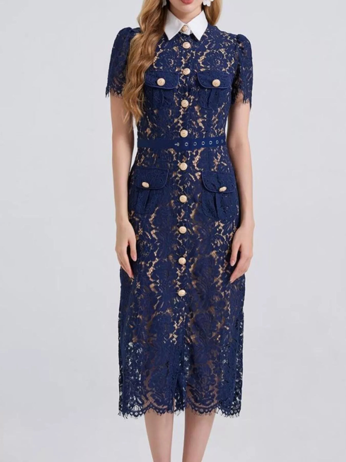 lace button down midi dress styled full length