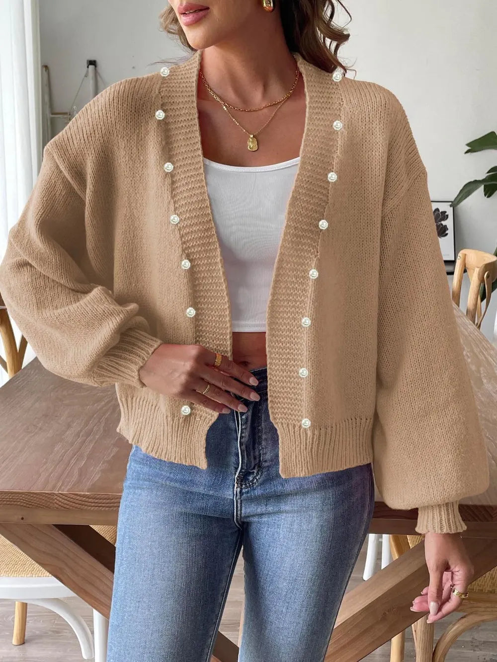 Pearl Open Front Long Sleeve Cardigan Tan - Fashorio