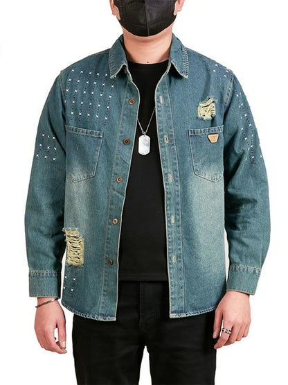Men's Plus Size Studded Distressed Denim Jacket Blue - Fashorio