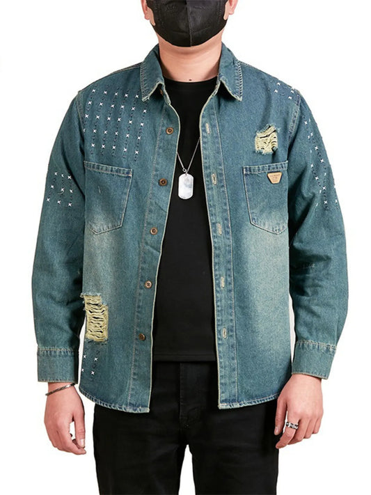 Men's Plus Size Studded Distressed Denim Jacket Blue - Fashorio